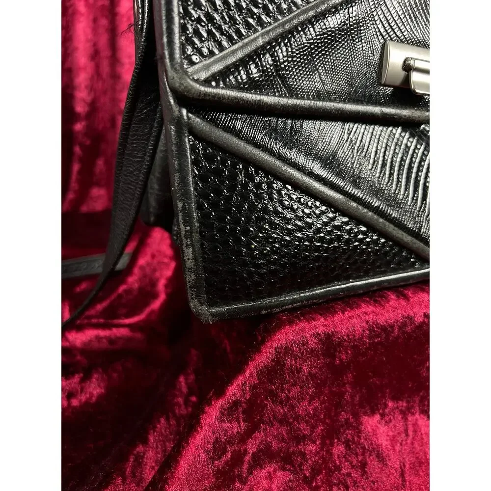 Vintage Y2K Black Leather Shoulder Bag - Reptile Embossed Patchwork Purse